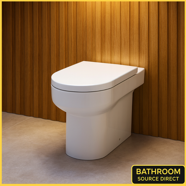 Oakham D shape back to wall toilet with wrap over soft close seat in a modern bathroom