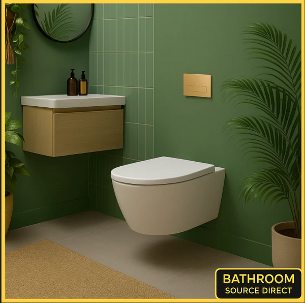Oakham rimless wall hung toilet with soft close seat in a modern green bathroom