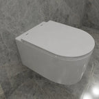 Side view of the Oakham rimless wall hung toilet and soft close seat
