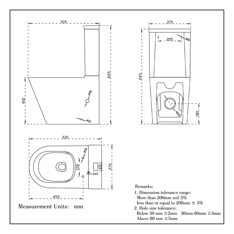 Oakham round rimless close coupled toilet dimensions showing 610mm projection and 845mm height