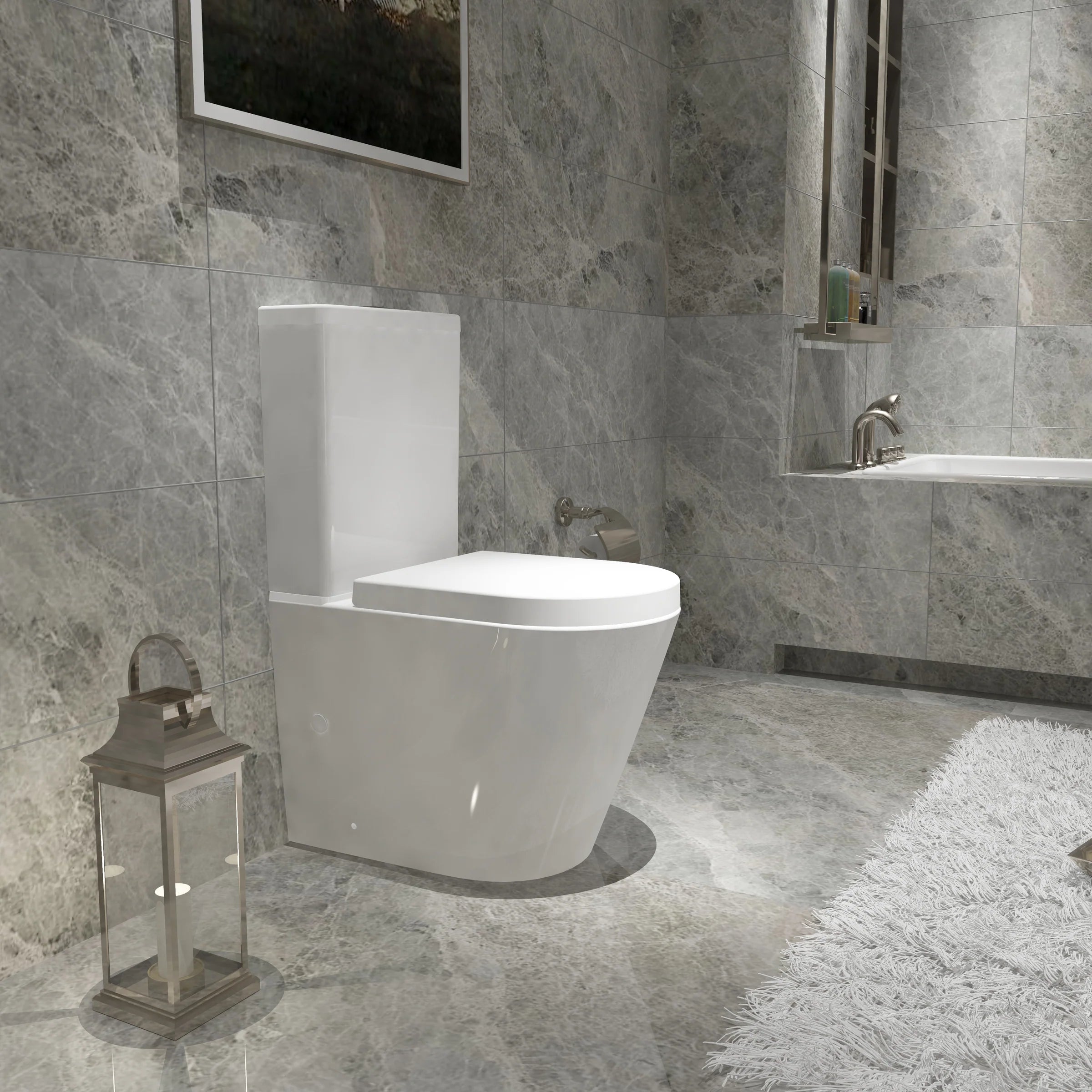 Oakham round rimless close coupled toilet in a modern grey bathroom