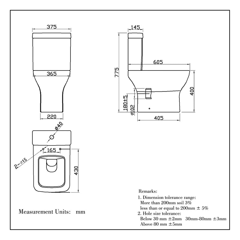 Oakham square close coupled toilet dimensions showing 605mm projection and 775mm height