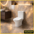 Oakham square short projection close coupled toilet in a Golden Ambra tiled bathroom