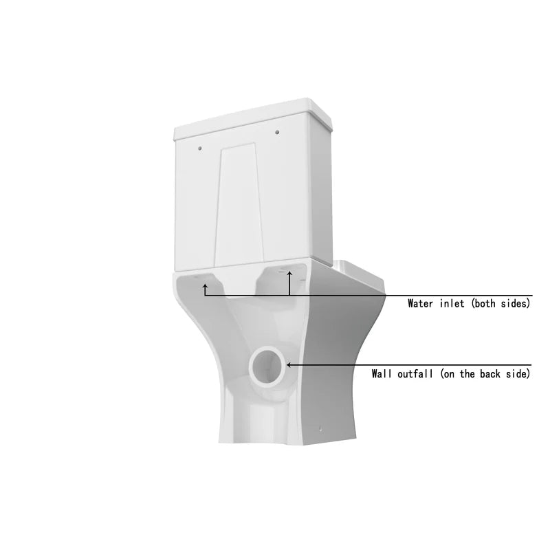 Oakham square close coupled toilet showing left and right water inlets and horizontal wall outlet