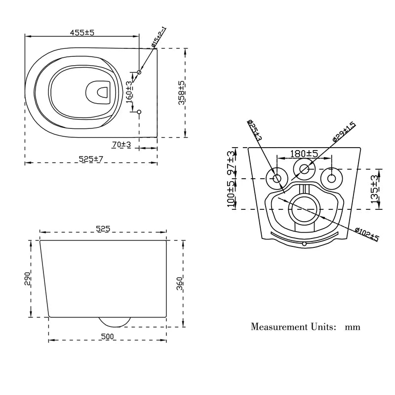 Oakham wall hung toilet technical drawing showing dimensions and fitting measurements