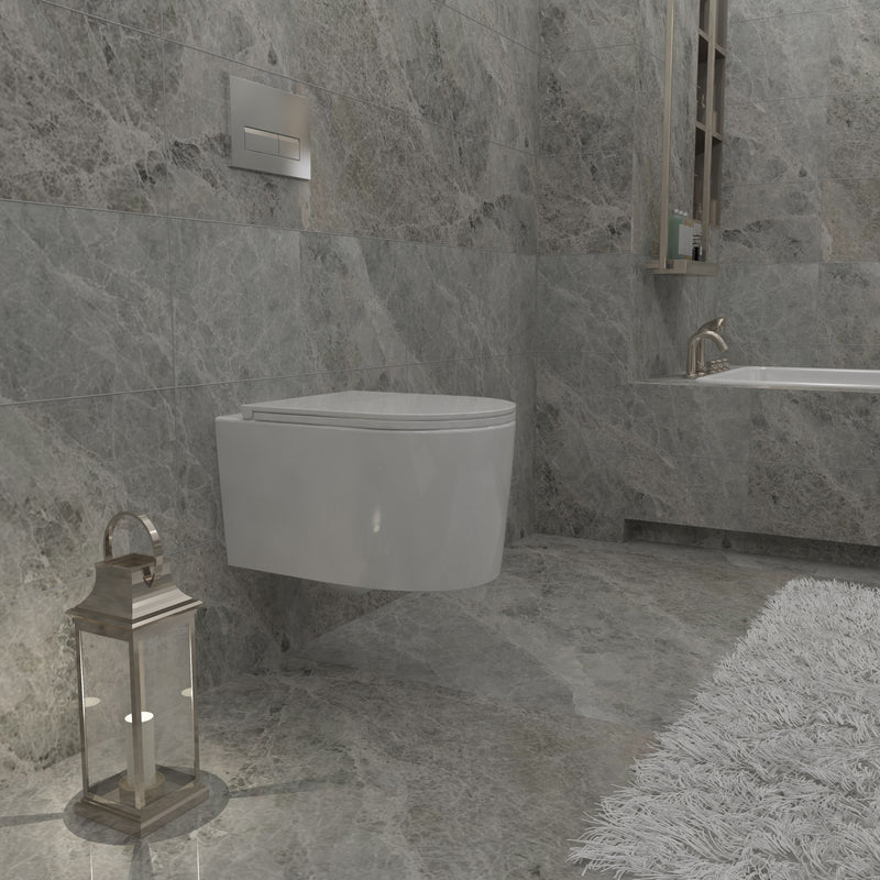 Oakham wall hung toilet installed in a modern grey tiled bathroom