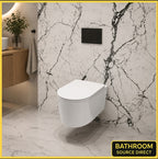 Oakham rimless wall hung toilet in a marble tiled bathroom with black flush plate