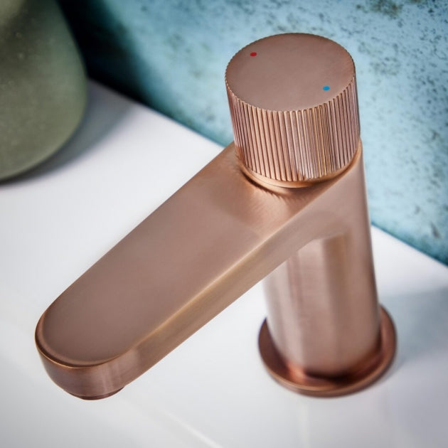 Qudo Roko Mono Basin Mixer Tap – Brushed Bronze – Fluted Knob Handle