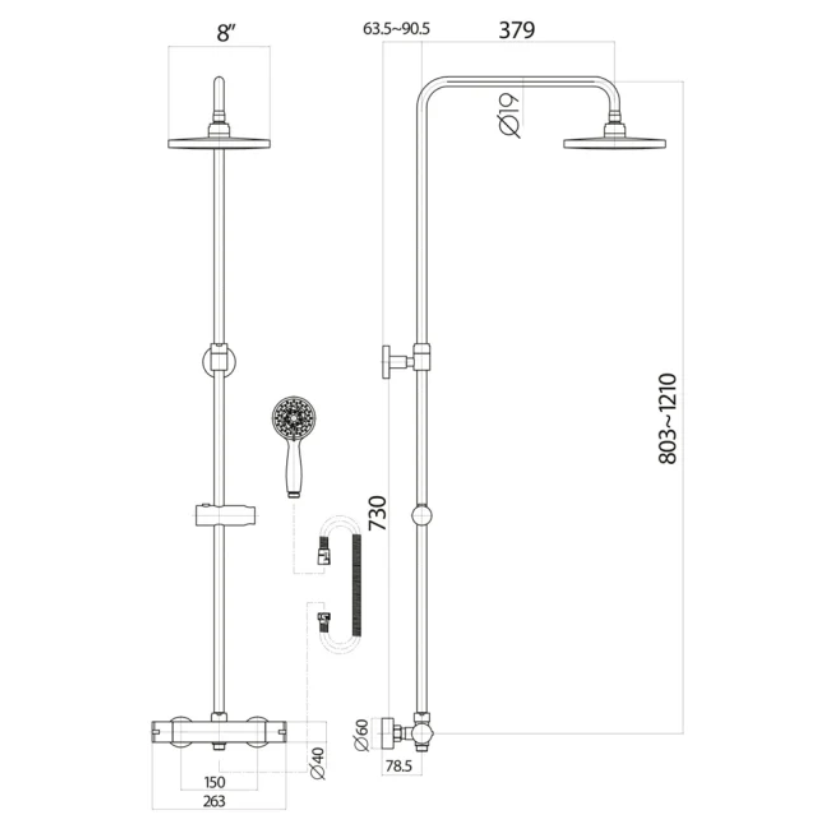 Orin brushed brass thermostatic shower set dimensions rigid riser with overhead shower and handset