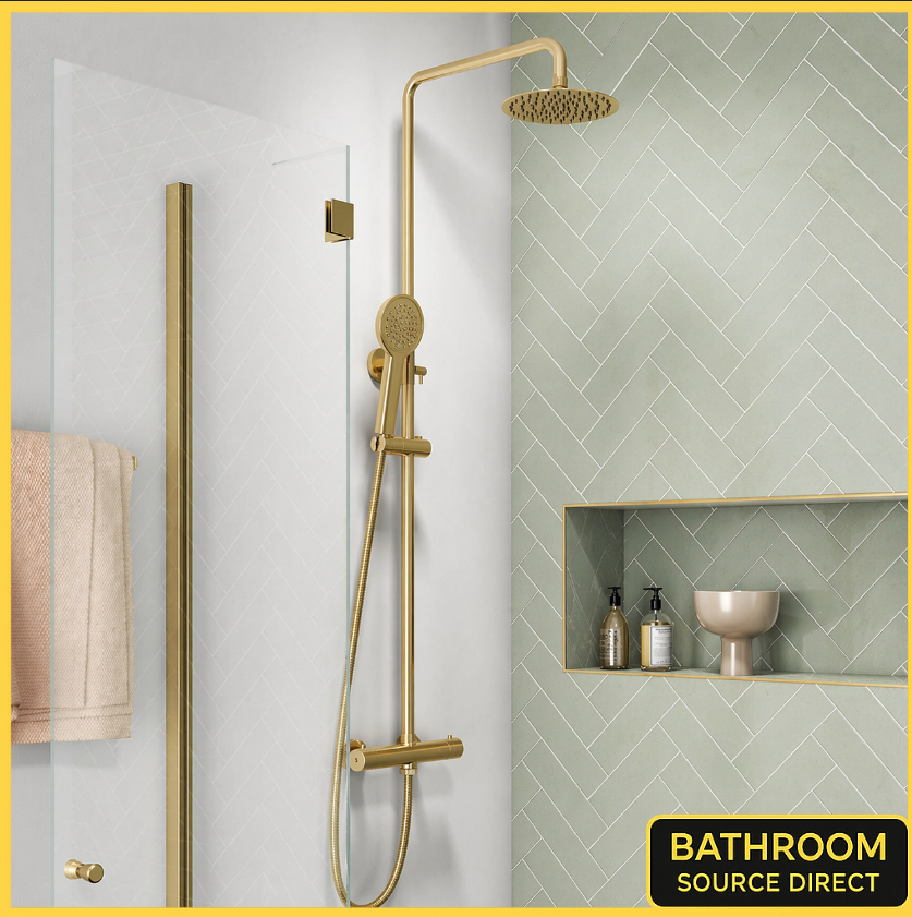 Orin round brushed brass thermostatic shower set with overhead shower and handset in modern bathroom