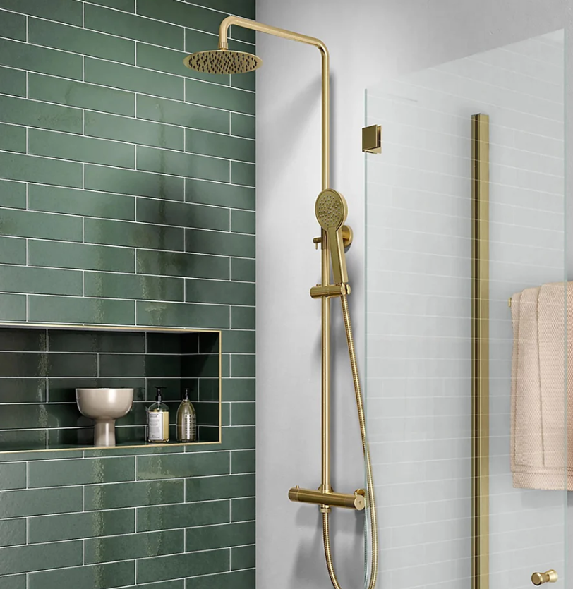 Orin round brushed brass thermostatic shower set with rigid riser and twin shower heads