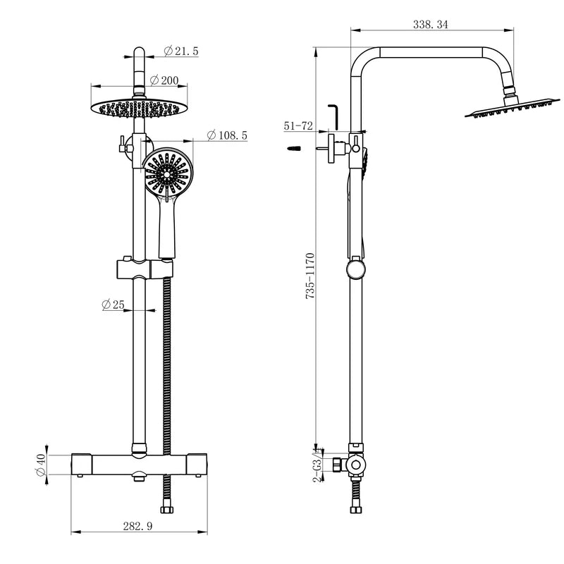 Technical dimensions diagram of Orin round thermostatic shower riser kit