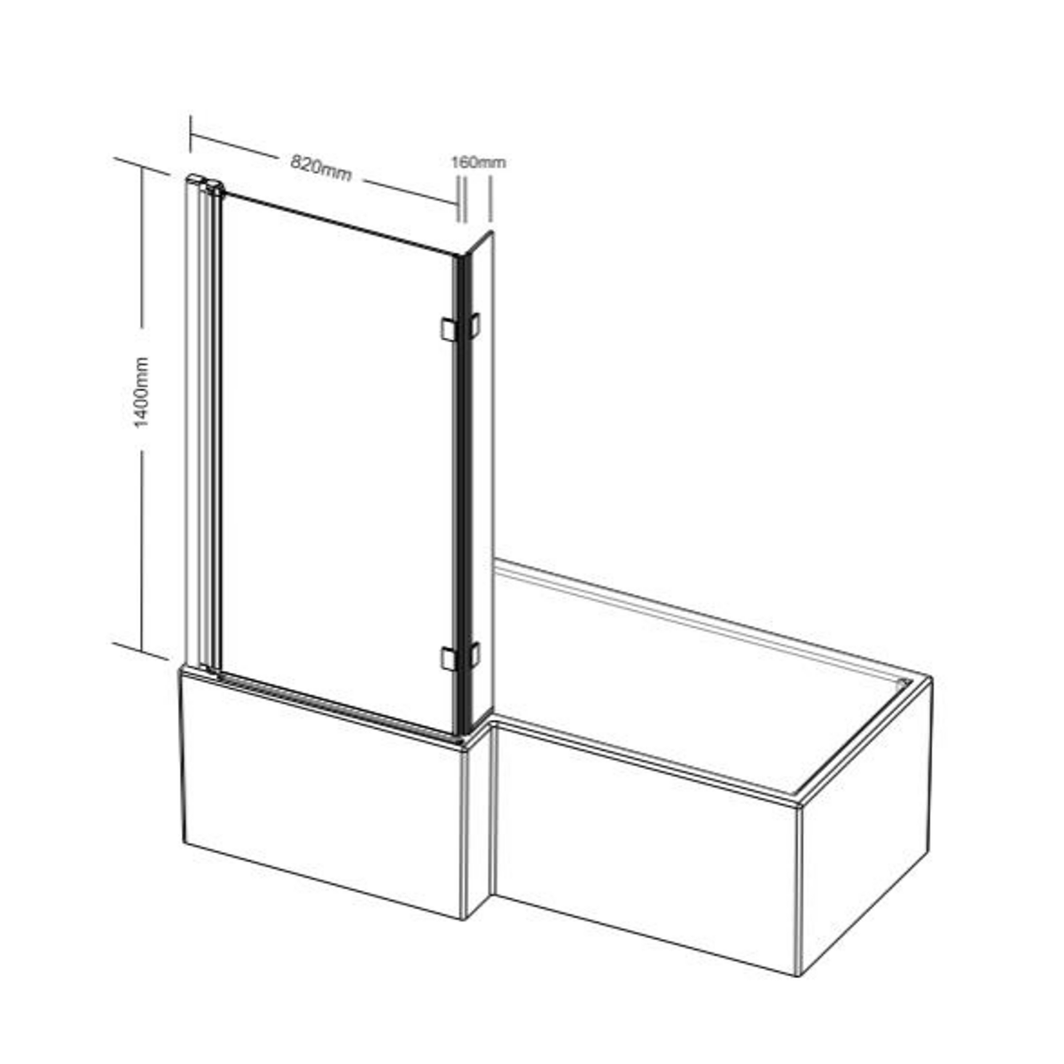 Ottone brass L shaped shower bath screen dimensions showing 1400mm height, 820mm width & 160mm extension panel