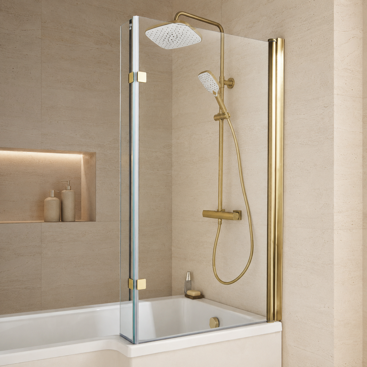 Ottone brass L shaped shower bath screen with clear glass in a travertine bathroom