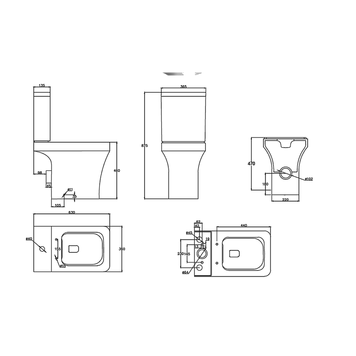 Ozone square rimless comfort height close coupled toilet dimensions and technical drawing