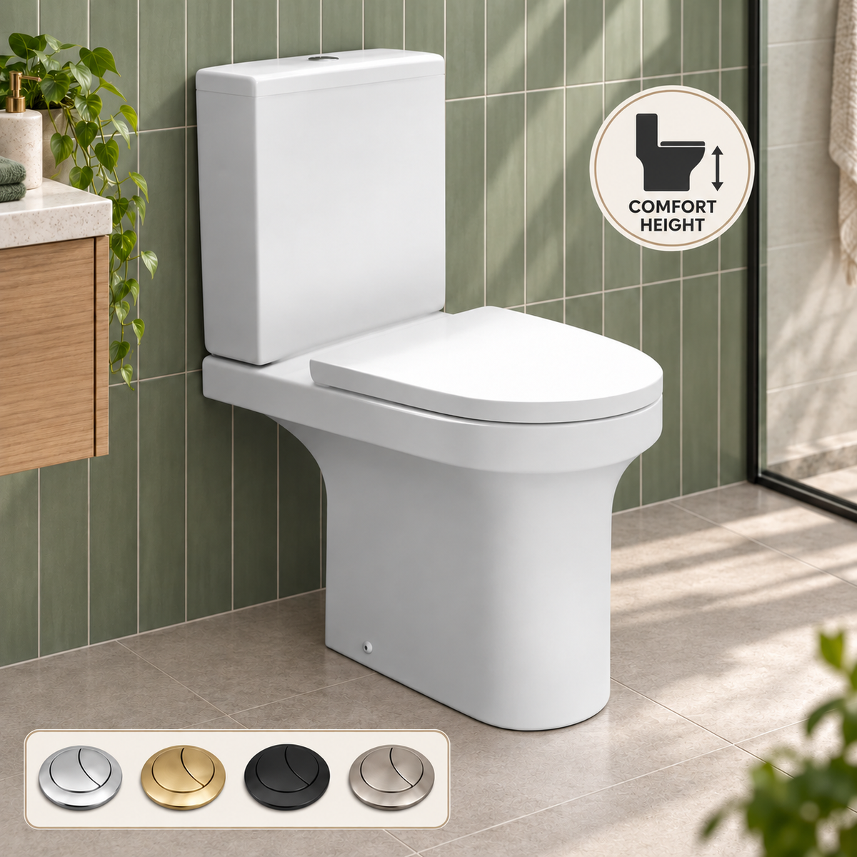 Ozone round rimless comfort height toilet with optional push button finishes