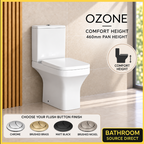 Ozone square rimless comfort height close coupled toilet with flush button finish choices