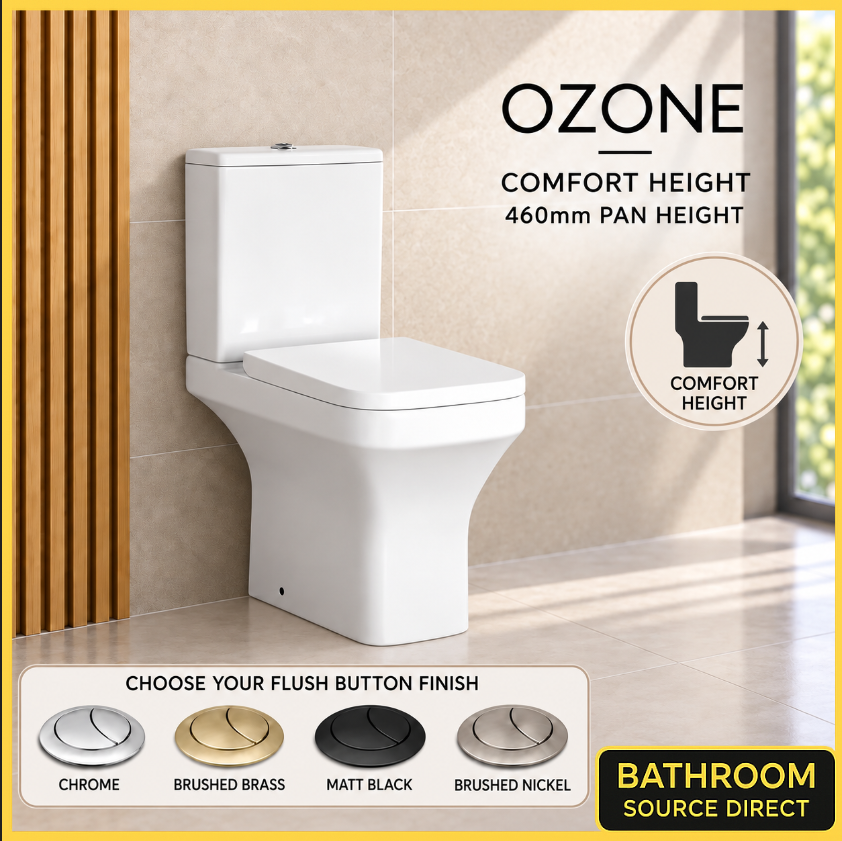 Ozone square rimless comfort height close coupled toilet with flush button finish choices