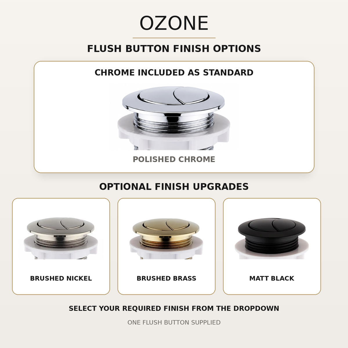 Ozone toilet flush button choices in chrome brushed brass matt black and brushed nickel