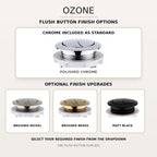 Ozone toilet push button options in chrome, brushed brass, matt black and brushed nickel