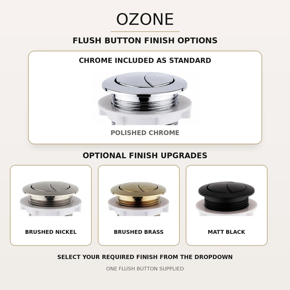 Ozone toilet push button options in chrome, brushed brass, matt black and brushed nickel
