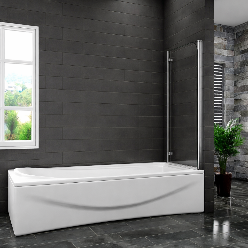 Pivot bath shower screen fitted to white bath in modern bathroom with dark grey tiled walls and chrome frame