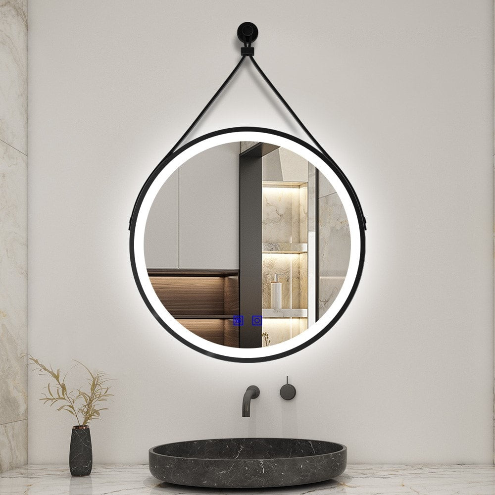 LumeEdgeLux 700mm Round LED Bathroom Mirror With Demister & Leather Strap