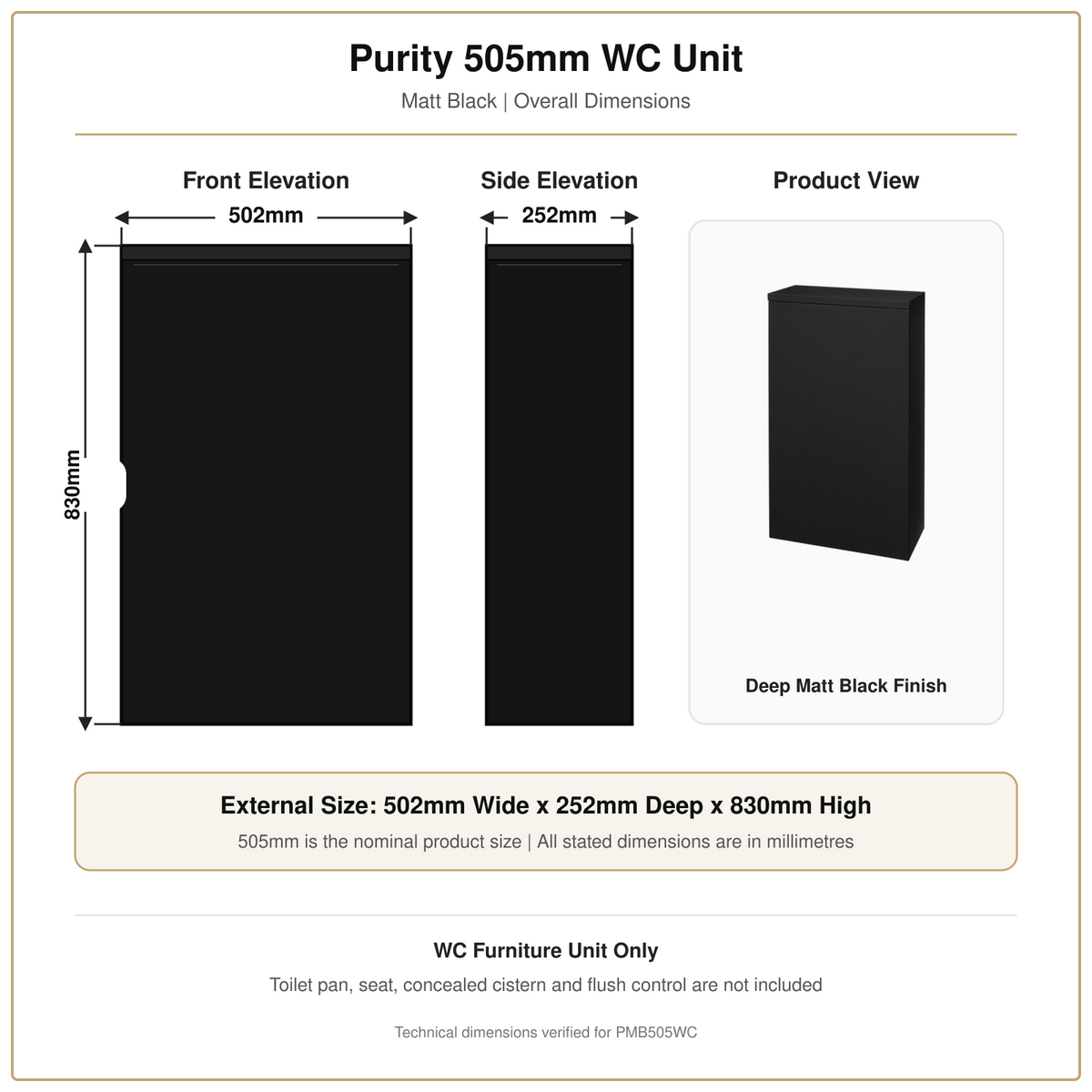 Purity 505mm matt black WC unit technical image showing overall dimensions
