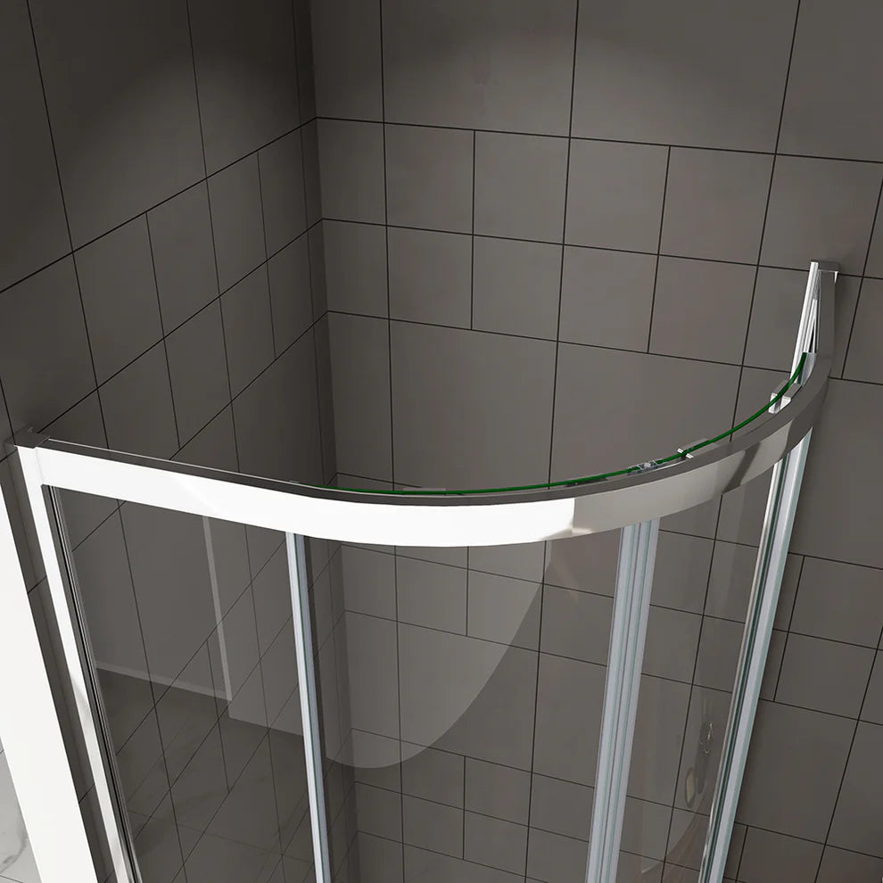 Curved glass top detail on chrome quadrant shower enclosure