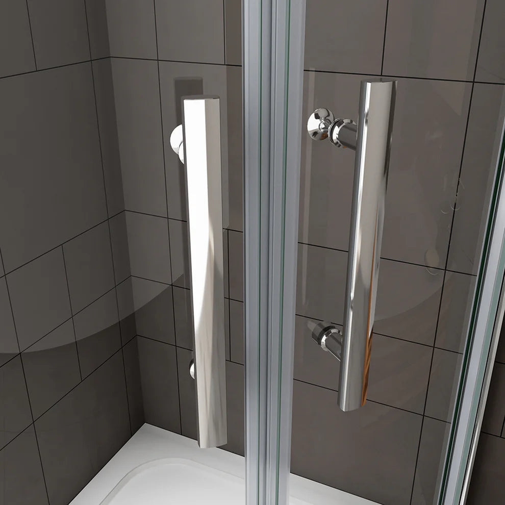 Chrome door handles on quadrant shower enclosure sliding doors