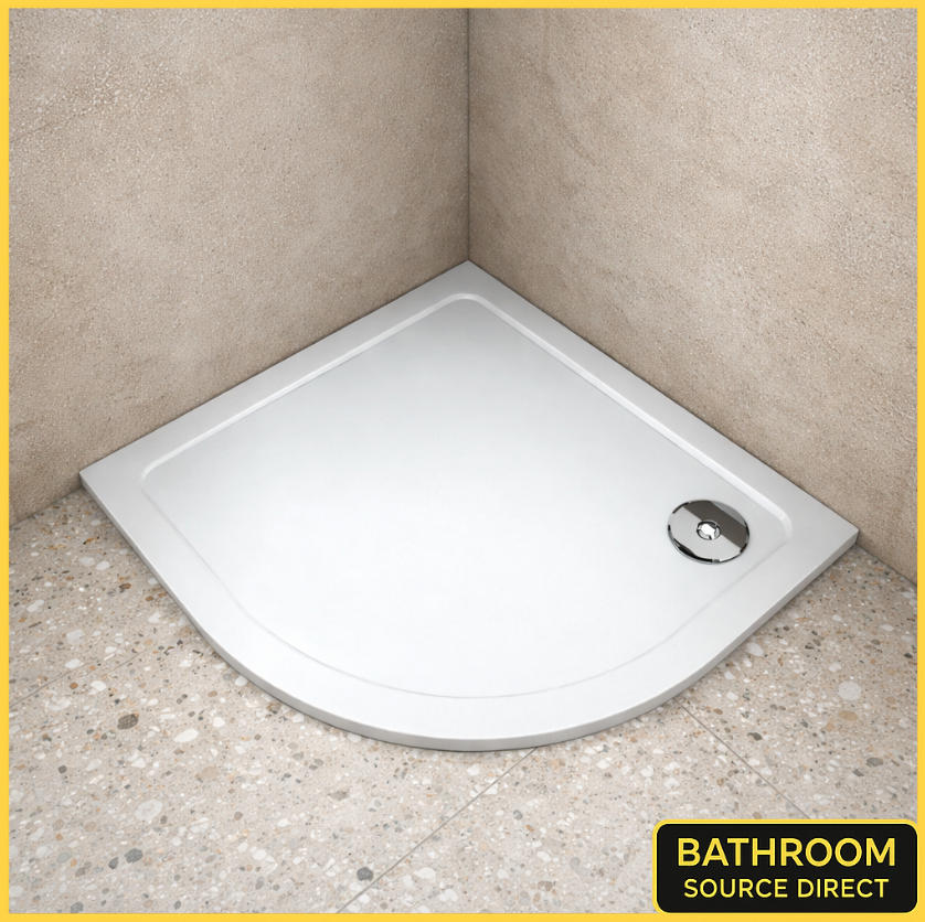 White quadrant shower tray 30mm slimline stone resin installed in corner bathroom