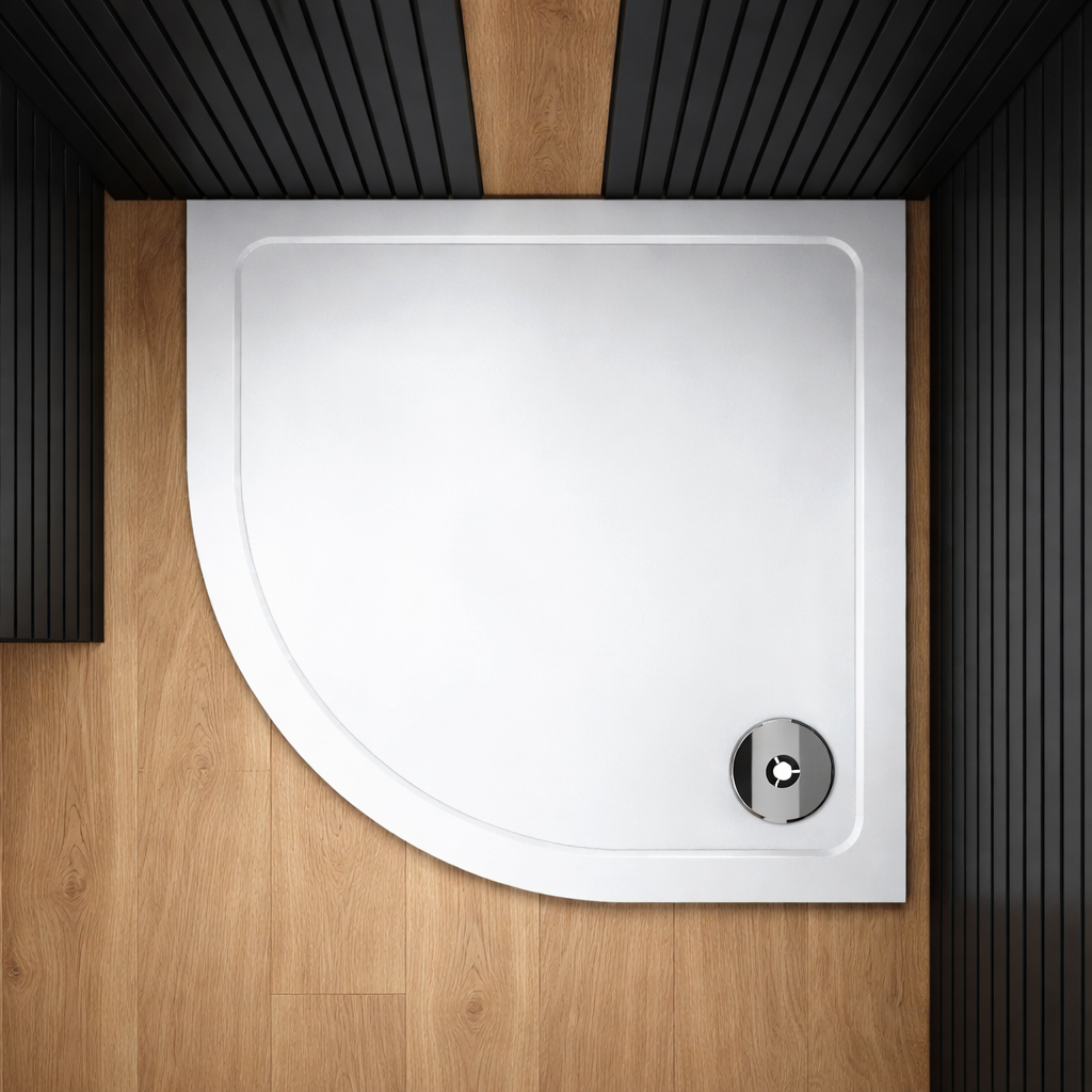 White quadrant shower tray with black slat wall and oak flooring bathroom setting