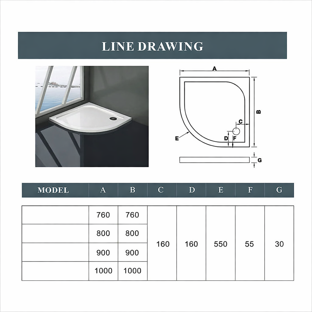 Quadrant shower tray dimensions diagram showing sizes and measurements