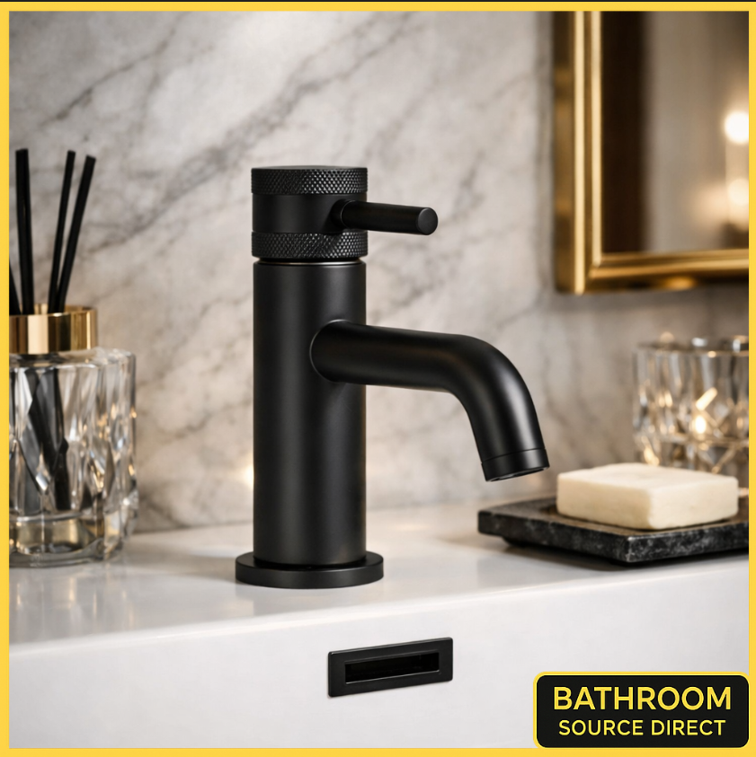 Qudo Core matt black mono basin mixer tap with lever handle on modern basin