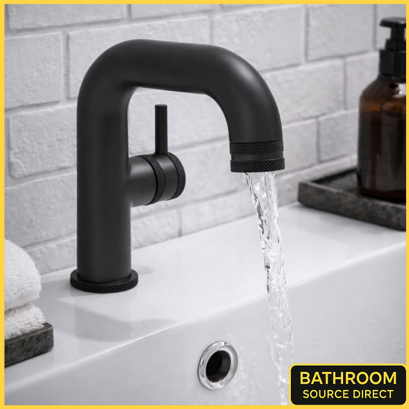 Qudo Cored matt black mono basin mixer tap with side lever control