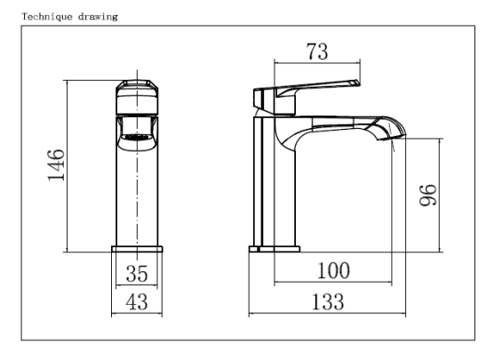 Qudo Monfanna brushed brass mono basin mixer tap technical drawing showing dimensions