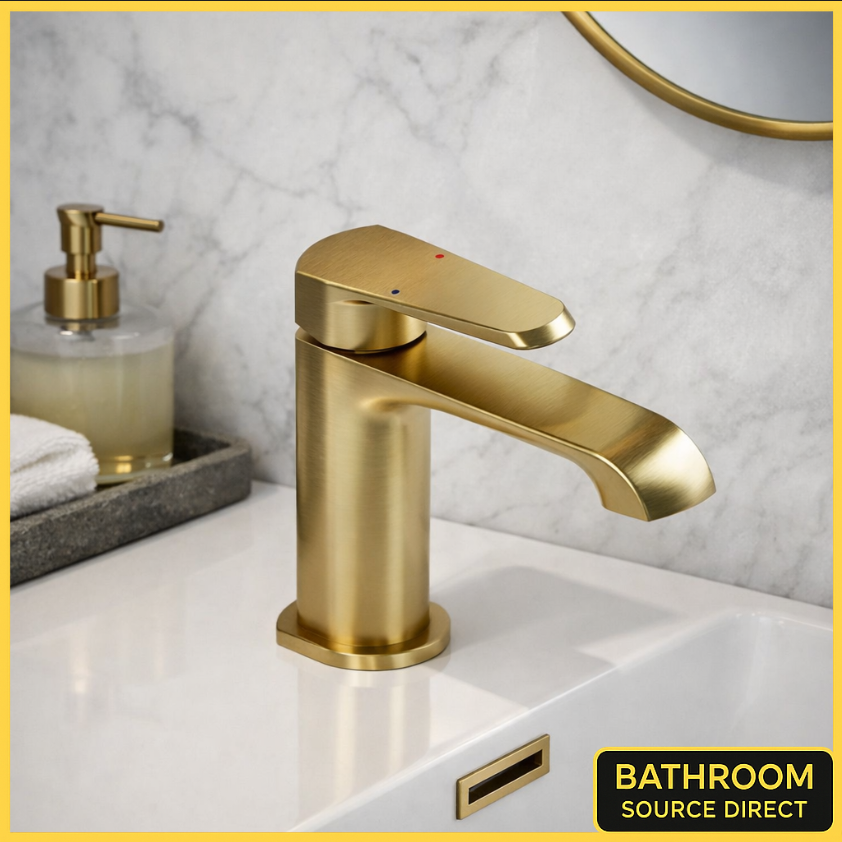 Qudo Monfanna brushed brass mono basin mixer tap installed on modern bathroom basin