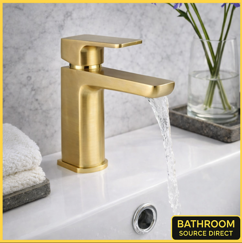 Qudo Mura brushed brass mono basin mixer tap with push click waste on modern bathroom basin