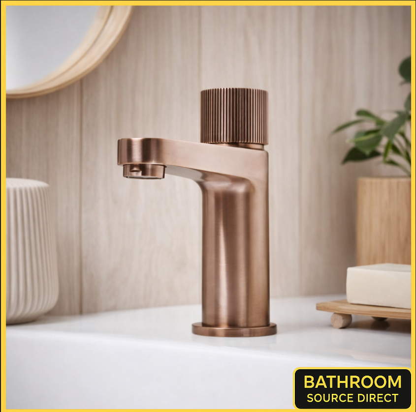 Qudo Roko brushed bronze mono basin mixer tap with fluted knob handle