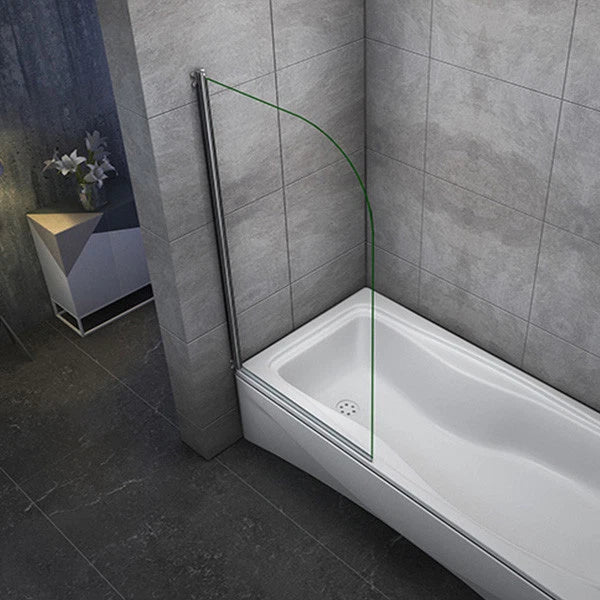 Side perspective of curved bath screen fitted to bath in modern bathroom