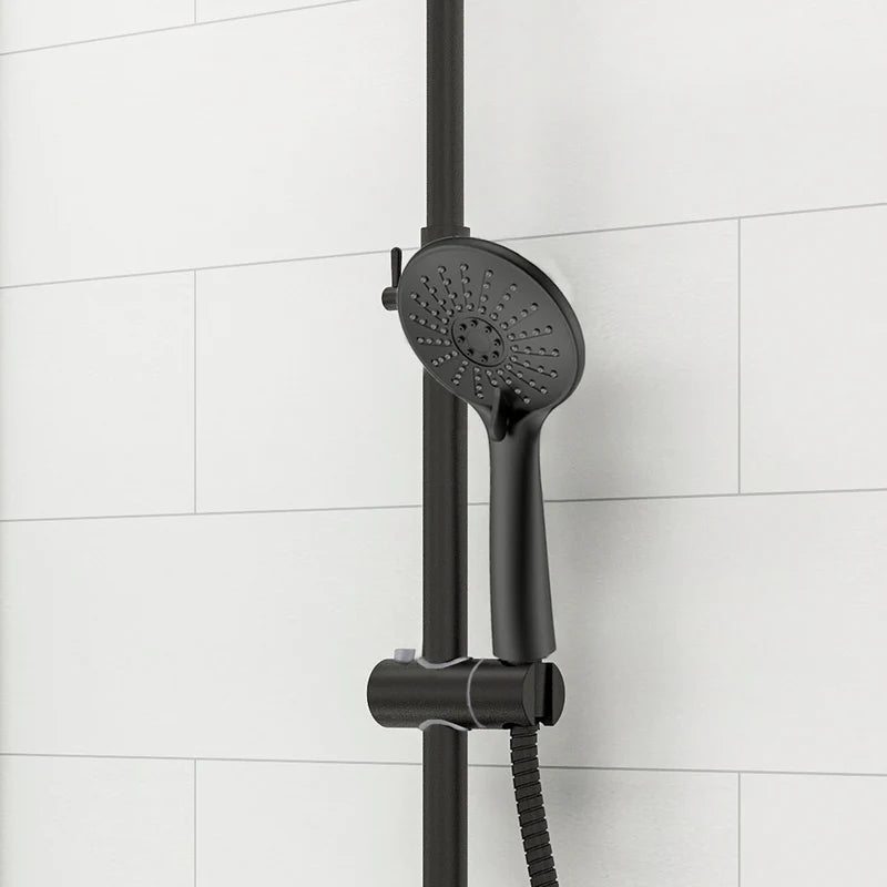 Round handheld shower head in matt black with flexible hose