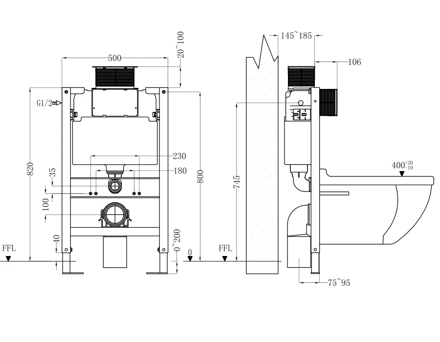 820mm Wall Hung Toilet Frame with Pneumatic Dual Flush Concealed Cistern & Chrome Flush Plate
