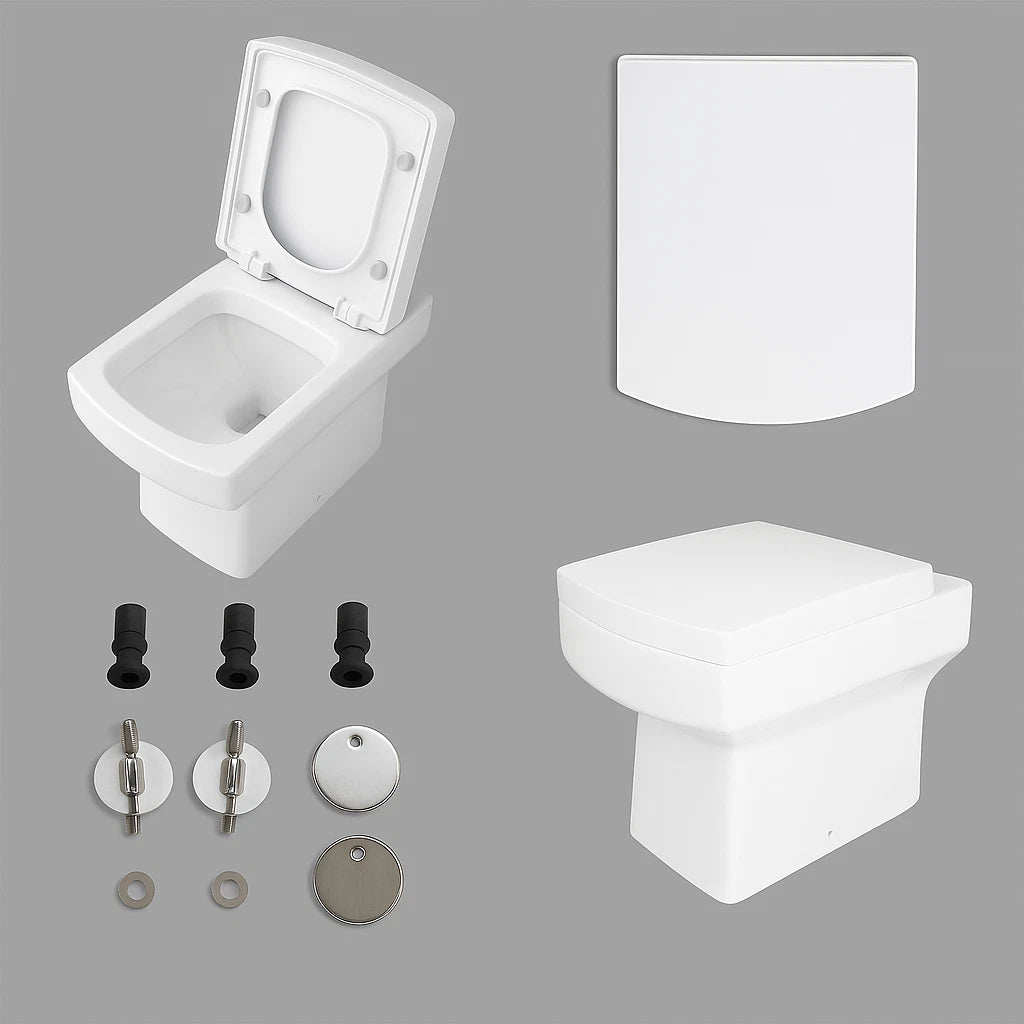White toilet seat and tank components on a gray background
