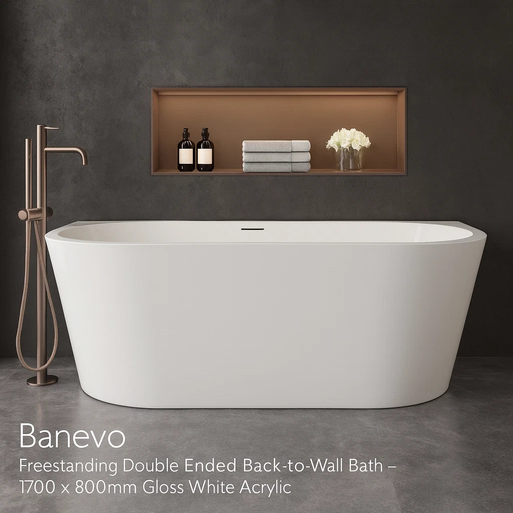 Banevo Freestanding Double Ended Back-to-Wall Bath 1700 x 800mm – Gloss White Acrylic
