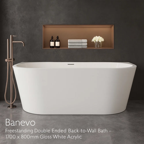 Banevo Freestanding Double Ended Back-to-Wall Bath 1700 x 800mm – Gloss White Acrylic