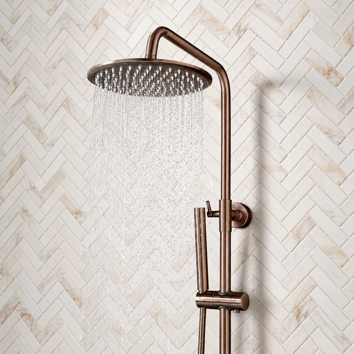 Scudo Core brushed bronze 200mm overhead drench head running