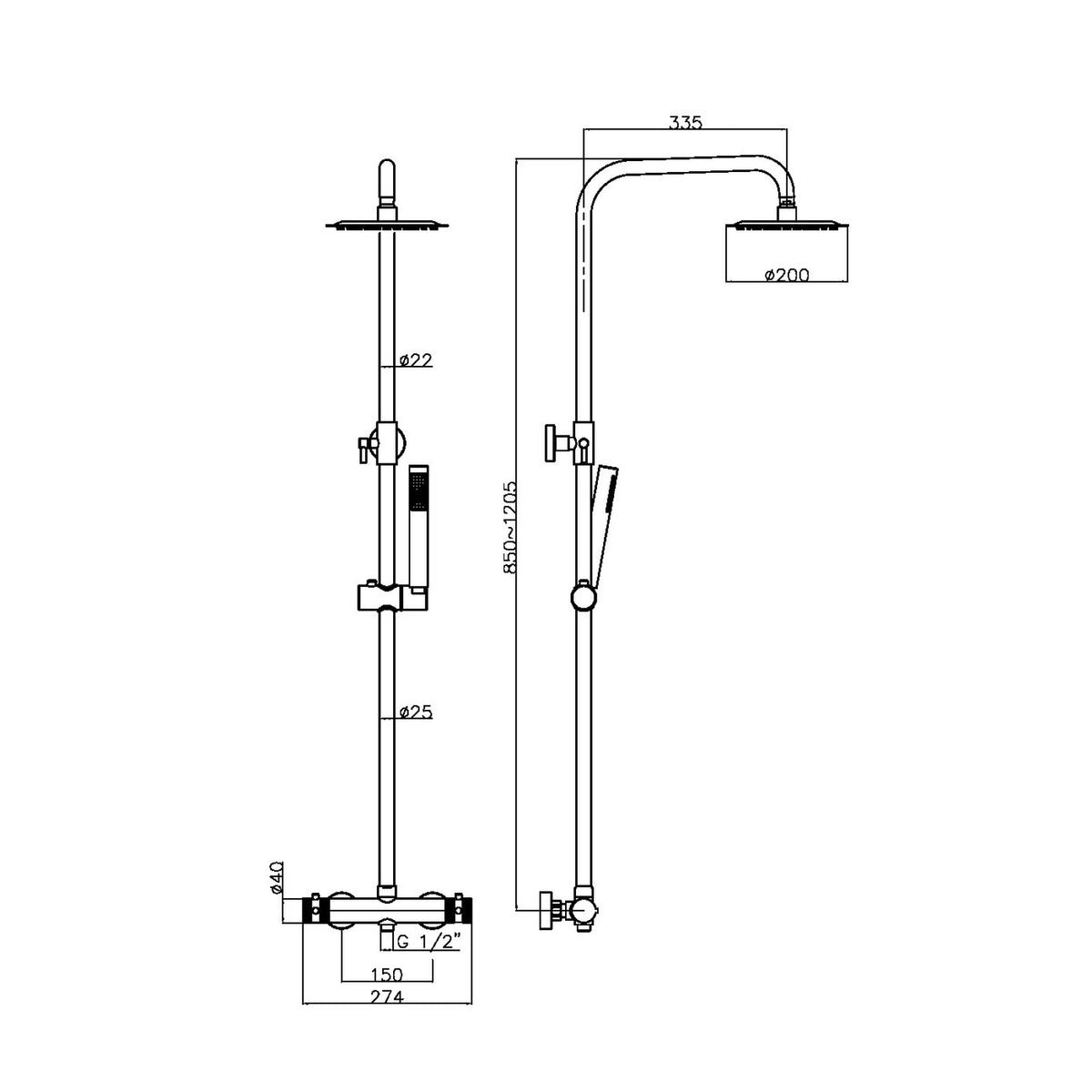 Scudo Core brushed bronze rigid riser shower dimensions drawing