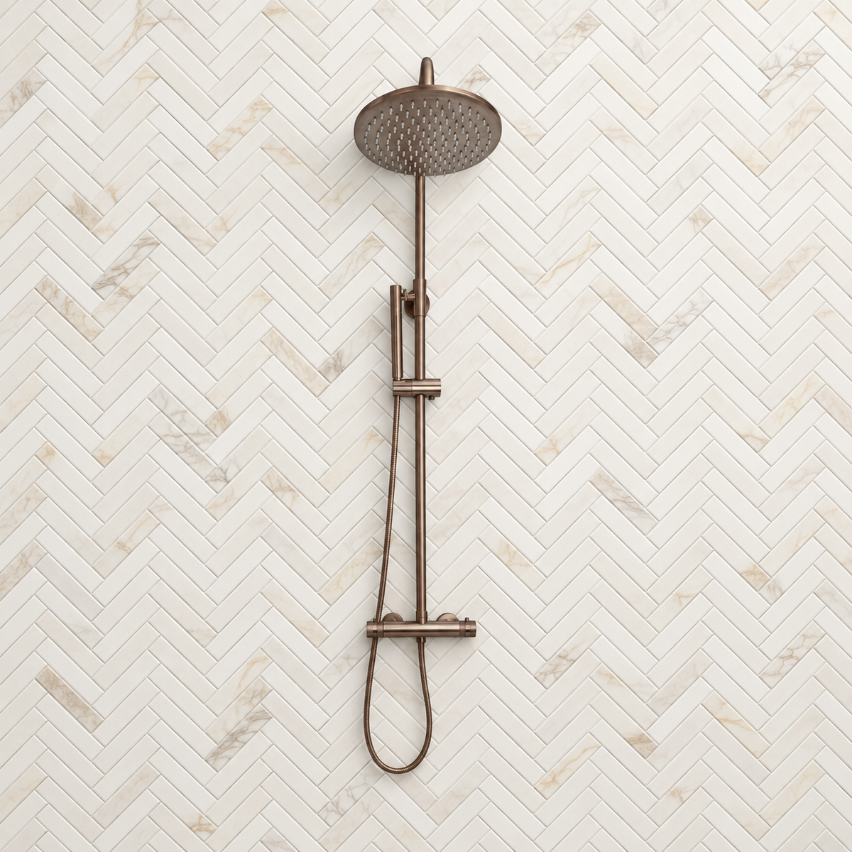 Scudo Core brushed bronze thermostatic rigid riser shower front view