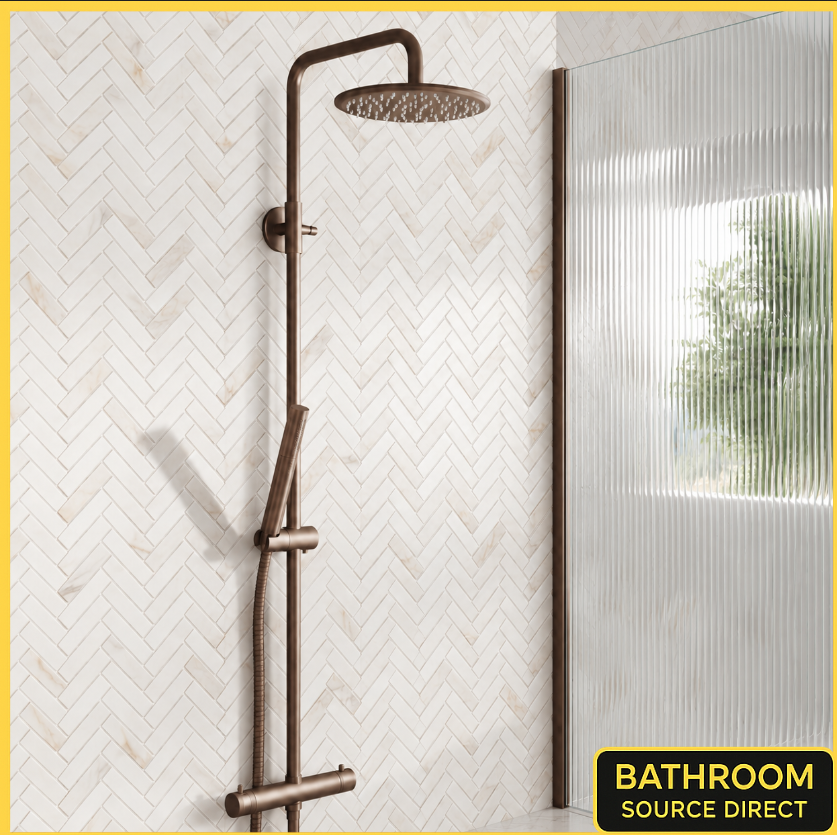 Scudo Core brushed bronze rigid riser shower with fluted wetroom screen