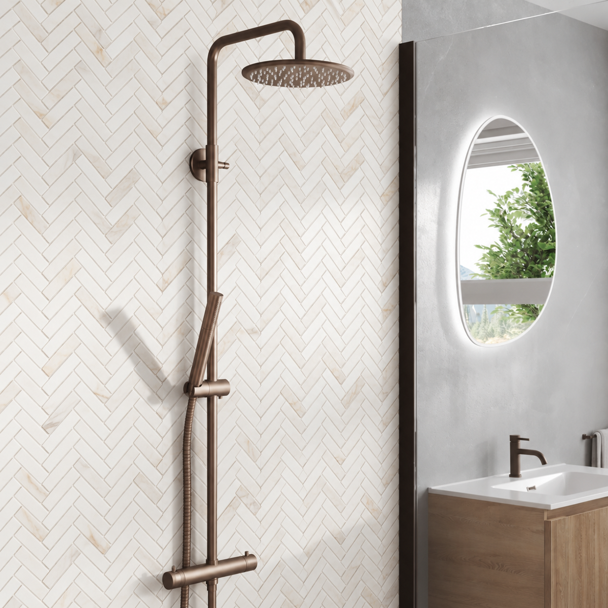 Scudo Core brushed bronze rigid riser shower in a modern bathroom